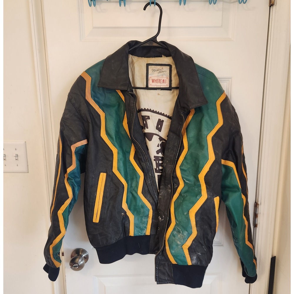 Vintage Michael Hoban WHEREMI Leather Bomber Jacket Hobo Nation Black Green L